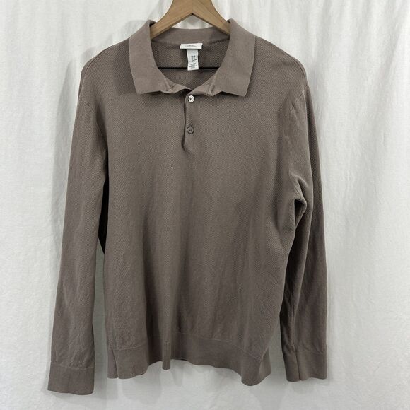 H&M Regular Fit Coupe Standard Brown Long Sleeve Polo Shirt Mens M Preppy - Picture 1 of 10